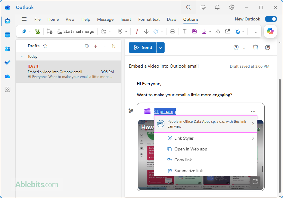 Review and change who can access an embedded video directly from an Outlook email.