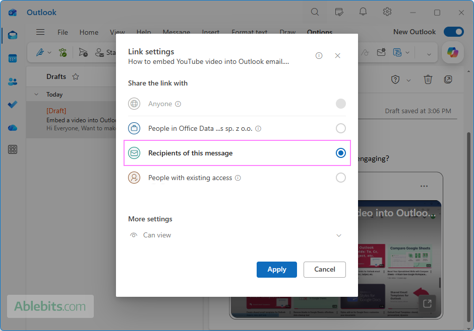 Review and modify access permissions for an embedded video directly from Outlook.