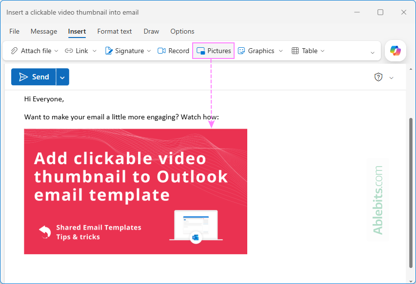 Insert a video thumbnail image into an Outlook email message.