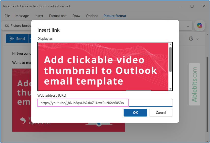 Link an image to an online video in Outlook.