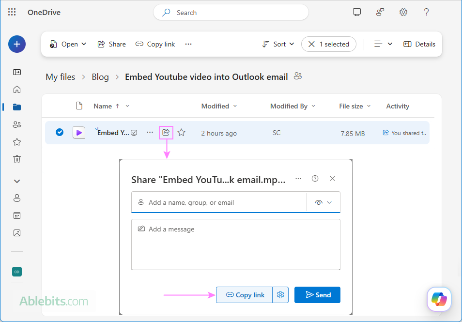 Share a video file from OneDrive.