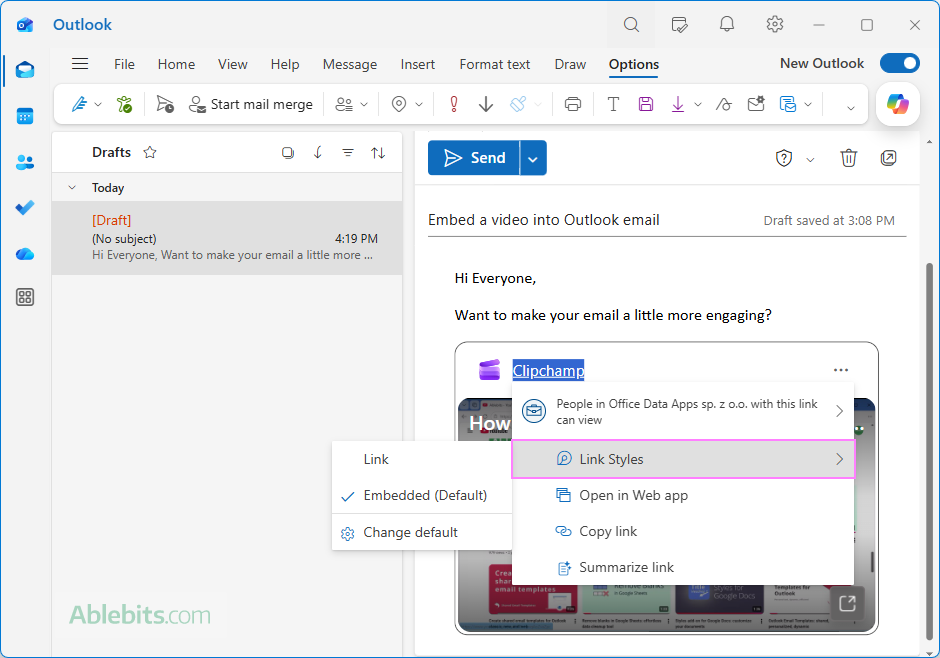 Choose whether a video appears as an embedded player or a link in Outlook.
