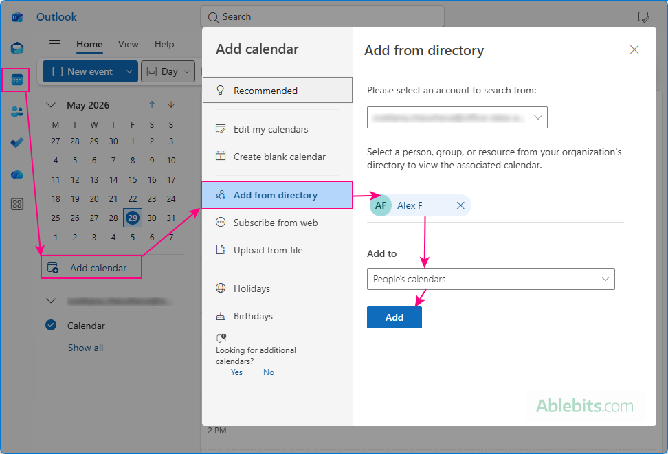 Add a shared calendar from directory in Outlook.
