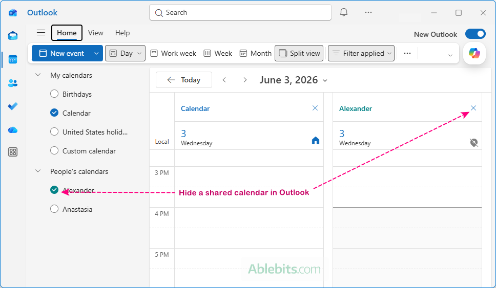 Hide a shared calendar in Outlook.