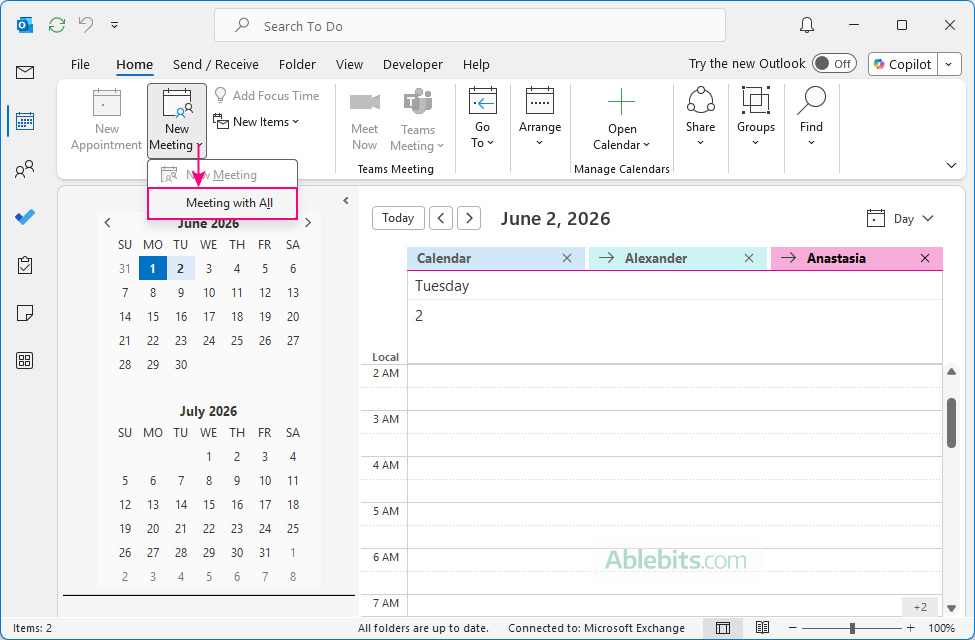 Create a meeting request with all selected calendar owners.