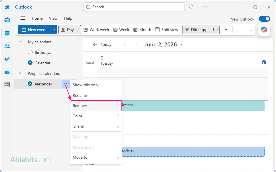 Remove a shared calendar from Outlook.