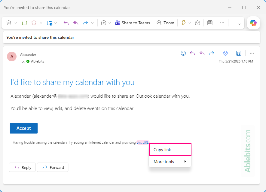 Copy the ICS link in an external Outlook calendar sharing invitation.