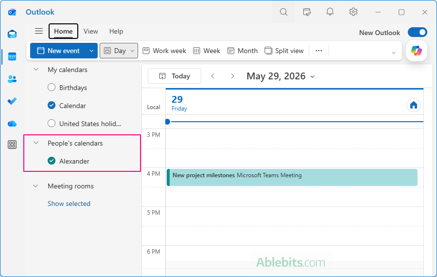 In the new Outlook, a shared calendar is found under People's calendars.