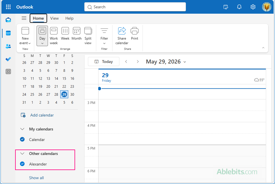 In Outlook.com, a shared calendar is located under Other calendars.