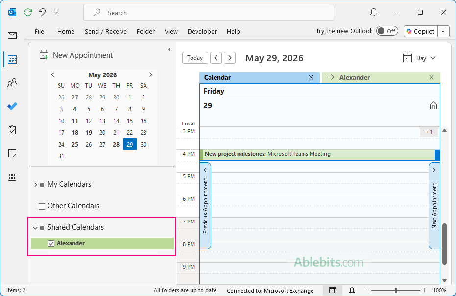 In Outlook 365, another person's calendar is located under Shared Calendars.