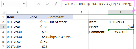 A case-sensitive SUMPRODUCT formula that looks up text values and returns matching numbers