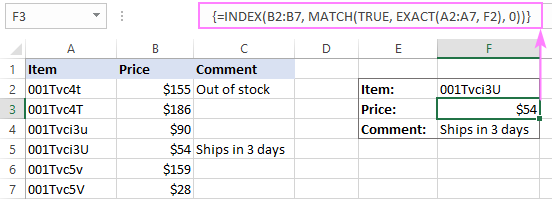 A case-sensitive MATCH INDEX formula