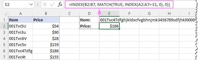 If a look up value contains 256 characters or more, use INDEX / MATCH instead of VLOOKUP