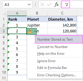 The indications of numbers being formatted as text in Excel