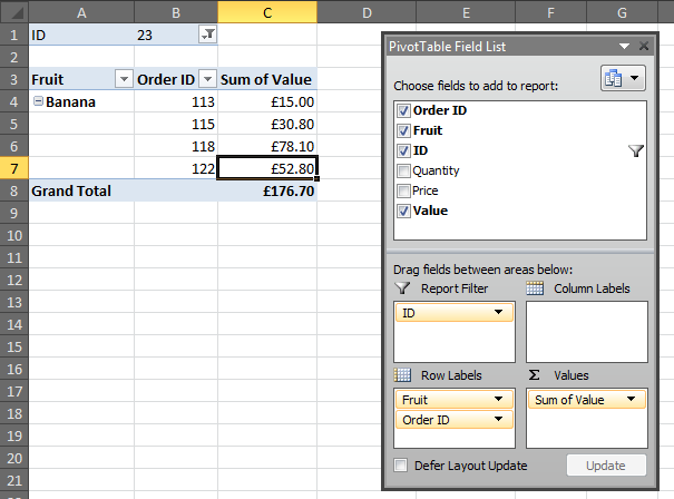 Use PivotTable to group duplicate rows
