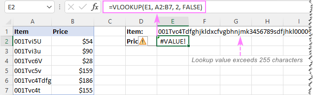 VLOOKUP fails when a lookup value exceeds 255 characters.