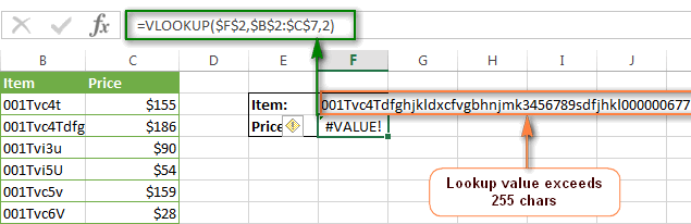 The VALUE error in VLOOKUP when a lookup value exceeds 255 characters.