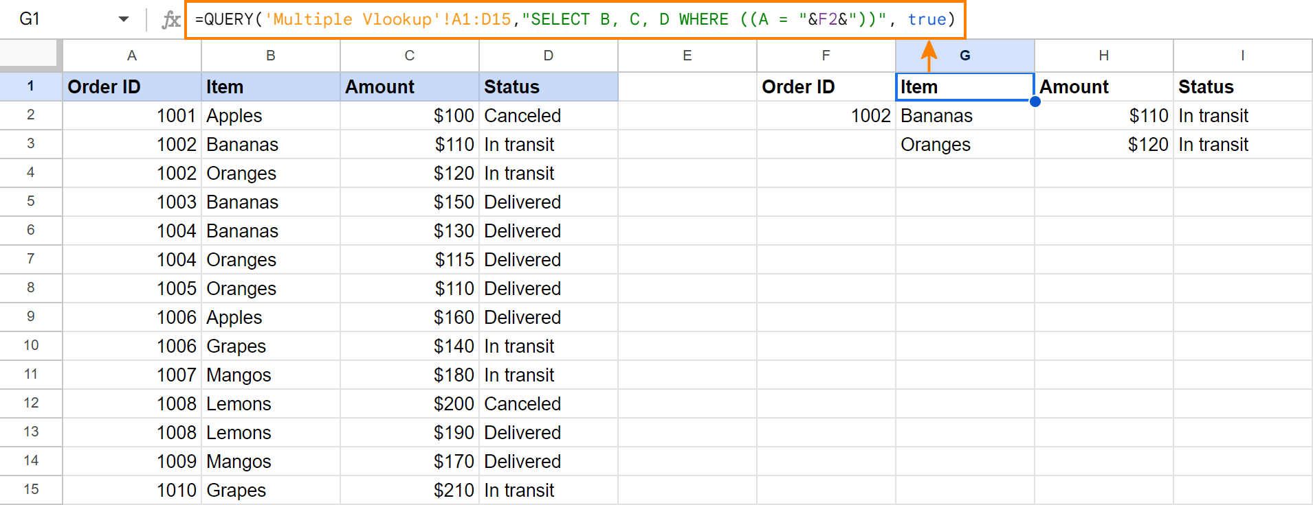 The formula to return multiple matches in Google Sheets