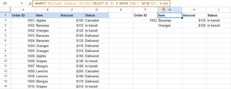 VLOOKUP in Google Sheets with formula examples