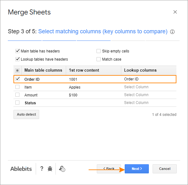 Select one or more key columns to compare.