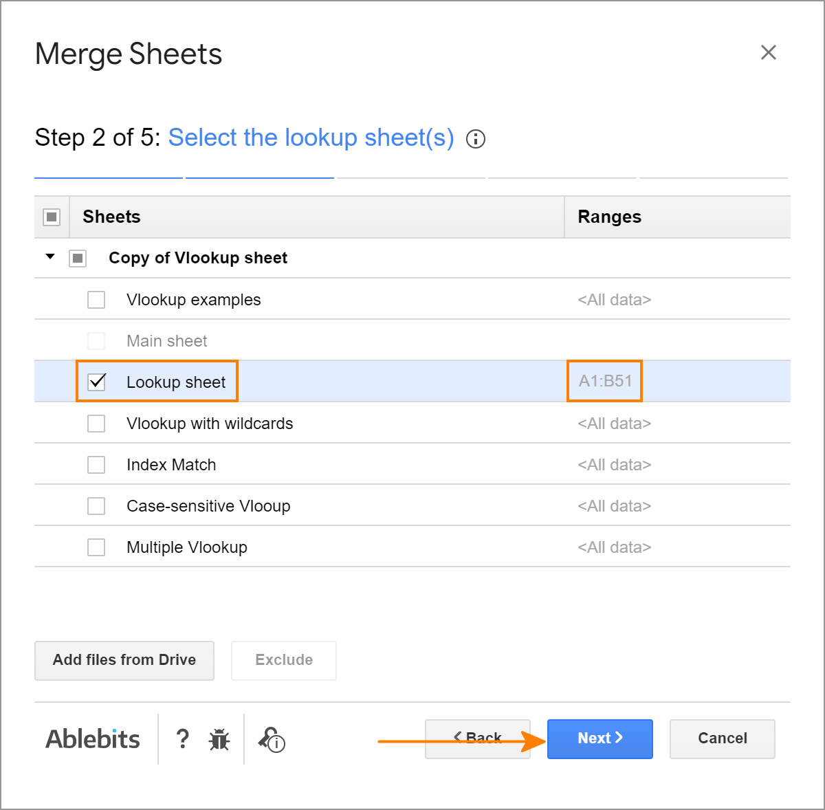 Select the range in the lookup sheet.