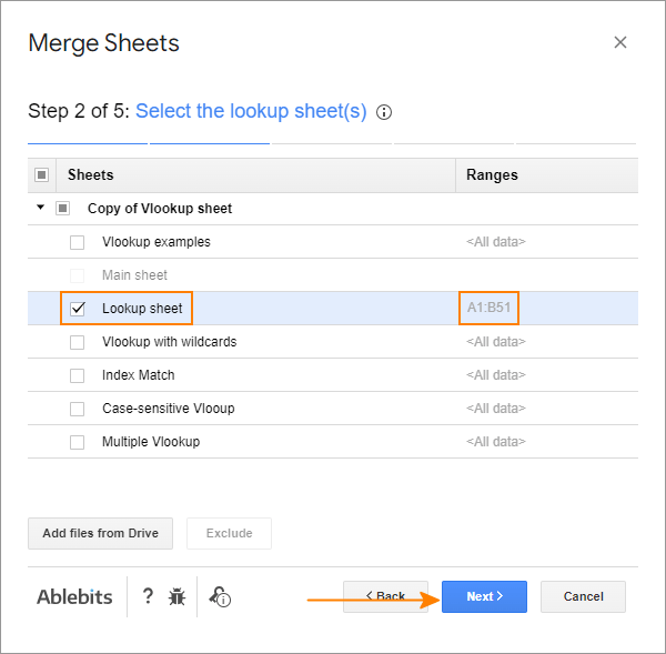 Select the range in the lookup sheet.