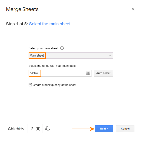 Select the range in the main sheet.