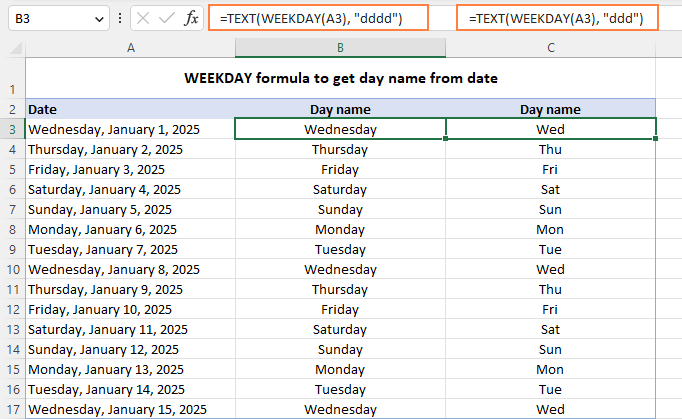Convert Excel date to weekday name.