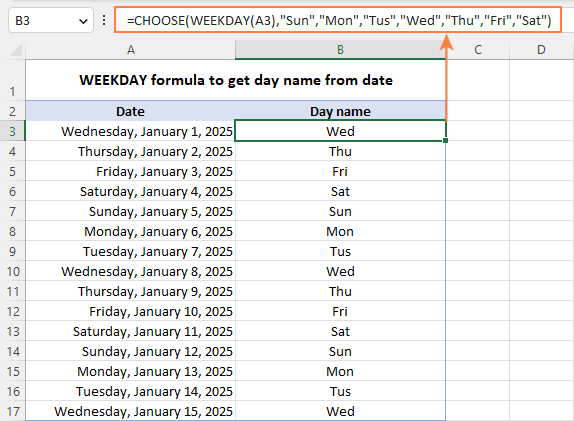 WEEKDAY formula to get day name from date