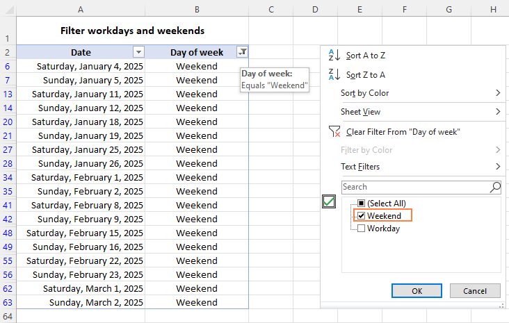 Filter weekends in Excel.