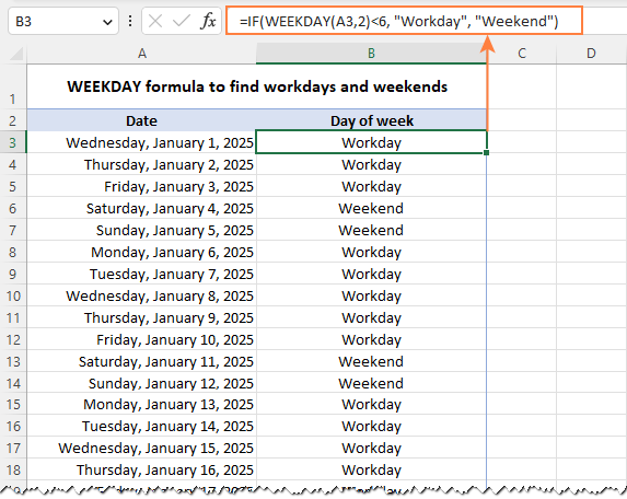 WEEKDAY formula to identify workdays and weekends