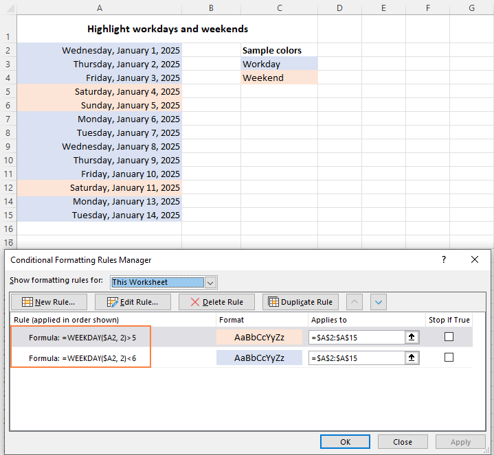 Highlight weekends and weekdays in Excel.