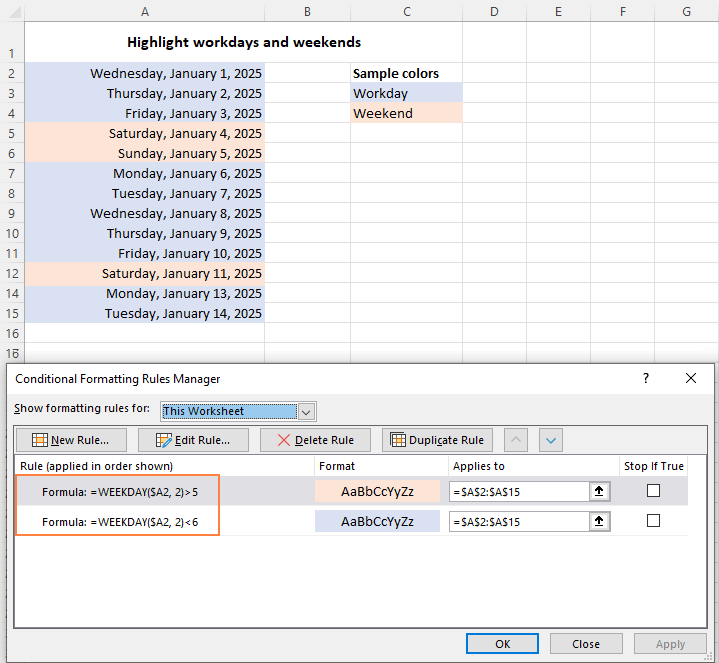 WEEKDAY formula in Excel to get day of week, weekends and workdays