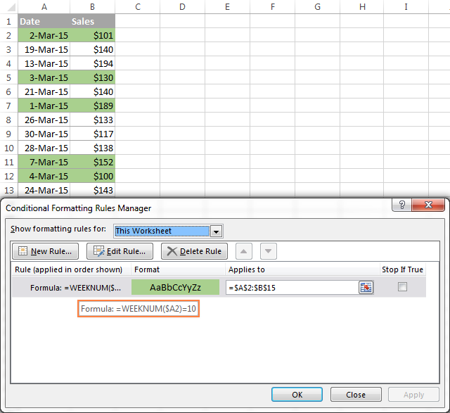 Highlighting cells based on the week number