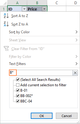 Filtering data with wildcards in Excel