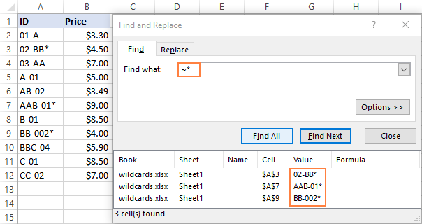 Finding wildcard characters in Excel