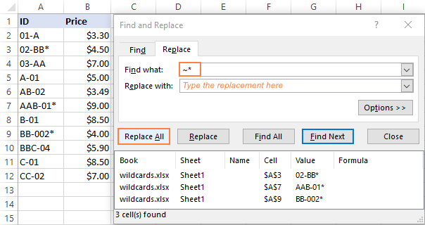 Replacing wildcard characters in Excel