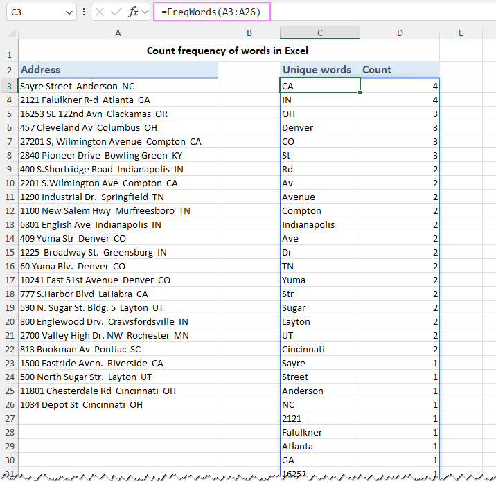 Excel word frequency analysis with custom function