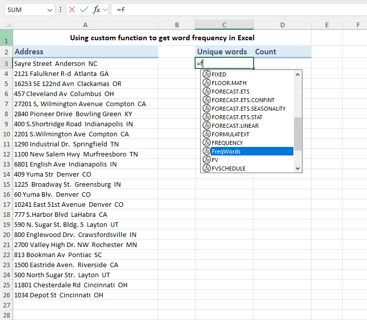 A custom function to get word frequency in Excel.