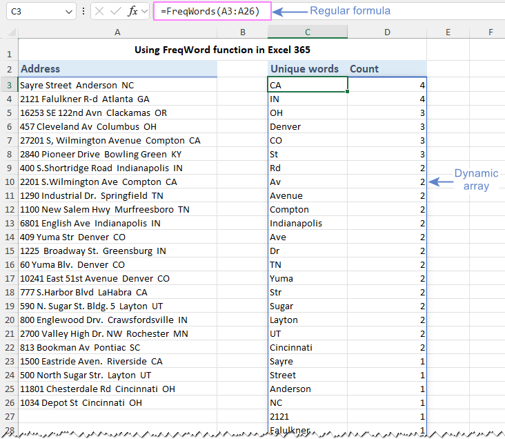 Using the <i>FreqWords</i> function in Excel 365