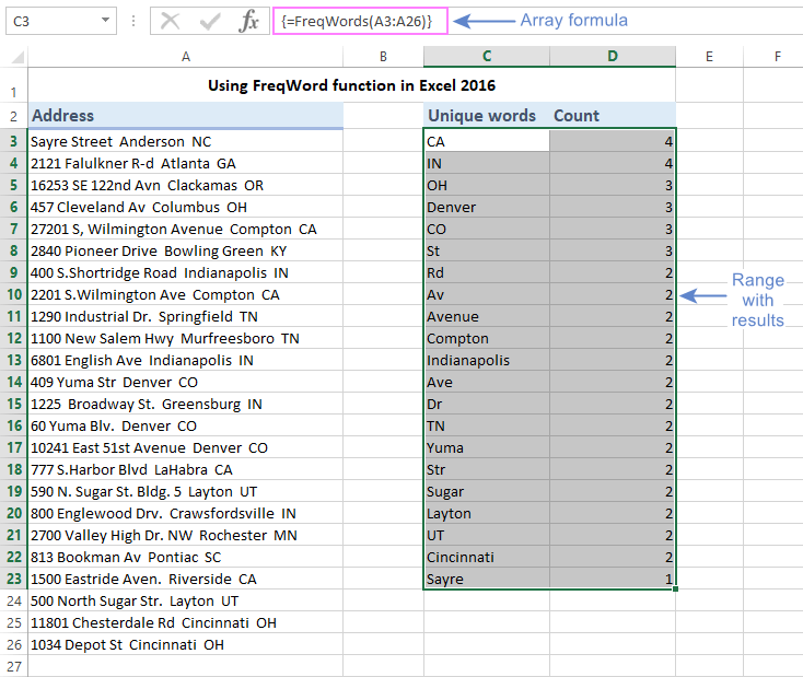 Using the <i>FreqWords</i> function in Excel 2019 and earlier