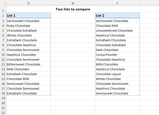 Two lists for comparison