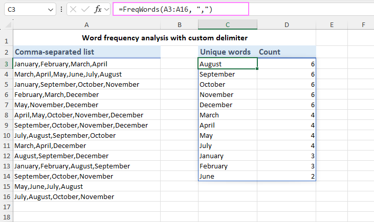 Perform word frequency analysis with custom delimiter.