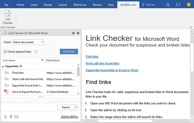 Latest version of the Link Checker for Microsoft Word