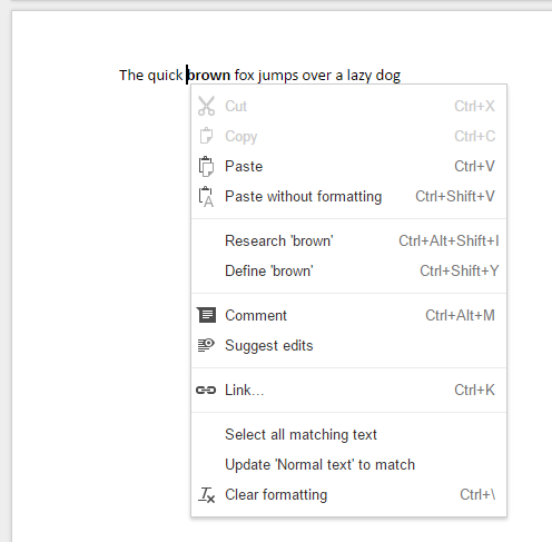 A context menu in Google Docs