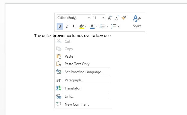 A context menu in Word online: the menu is dynamic and adaptive; this makes work easier