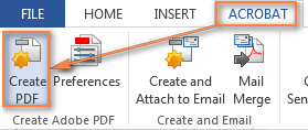 To convert a Word doc to PDF, click the Create PDF button on the Acrobat tab.