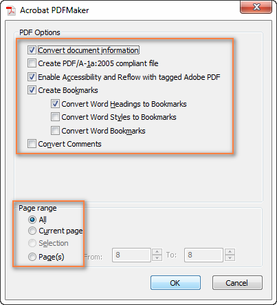 Acrobat PDF Maker default settings
