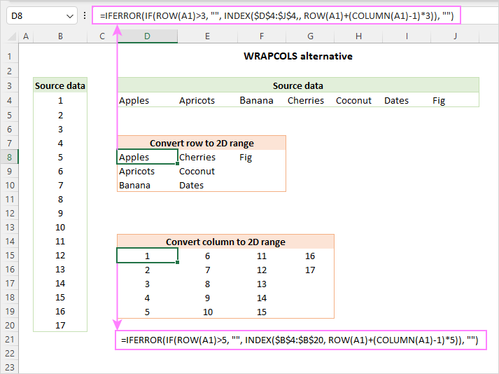 WRAPCOLS alternative for Excel 365 - 2010