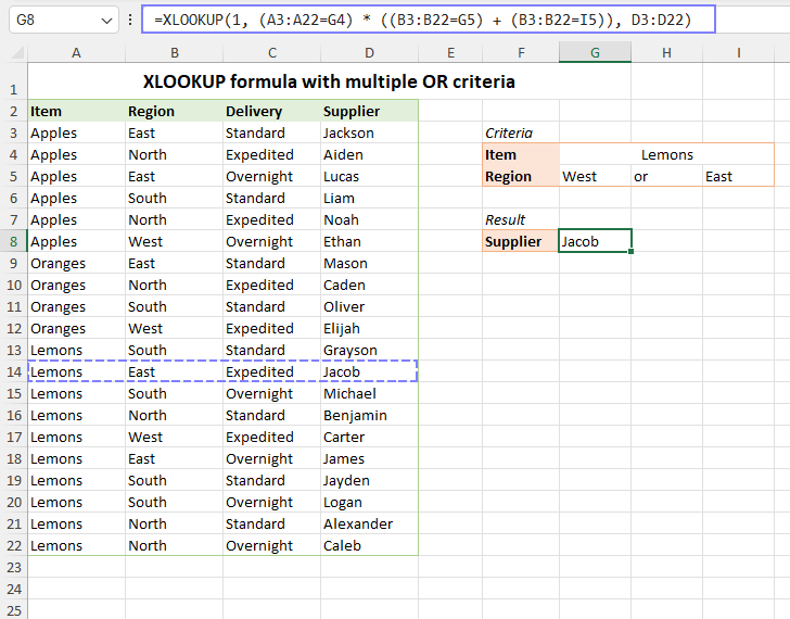 XLOOKUP formula with AND and OR conditions